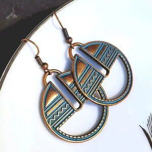 Antique Copper Verdigris Blue Green Patina Geometric Carved Half Circle Earrings